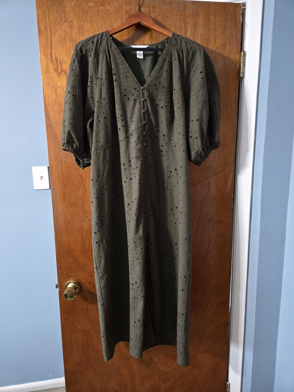 Eyelet V-Neck Midi Dress — Olive Green